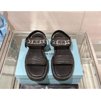 Good Quality Prada Crochet Platform Flat Sandals with Chain Logo Black 430001