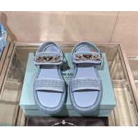 Best Price Prada Crochet Platform Flat Sandals with Chain Logo Blue 430002