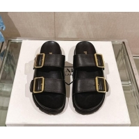 Trendy Design Prada Leather Flat Slide Sandals with Double Buckle Strap Black 430029