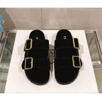 Shop Duplicate Prada Suede Flat Slide Sandals with Double Buckle Strap Black 430031