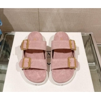 Grade Prada Suede Flat Slide Sandals with Double Buckle Strap Pink 430032