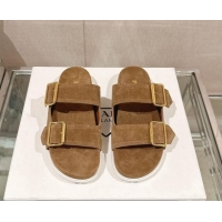 Sophisticated Prada Suede Flat Slide Sandals with Double Buckle Strap Brown 430034