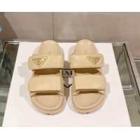 Unique Style Prada Shiny Nappa Leather Strap Flat Slide Sandals Beige 430039