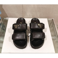 Popular Style Prada Shiny Nappa Leather Strap Flat Slide Sandals Black 430041