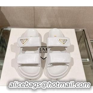 Shop Duplicate Prada Shiny Nappa Leather Strap Flat Slide Sandals White 430042