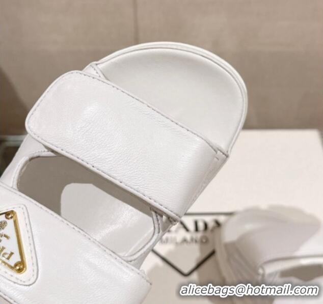 Shop Duplicate Prada Shiny Nappa Leather Strap Flat Slide Sandals White 430042