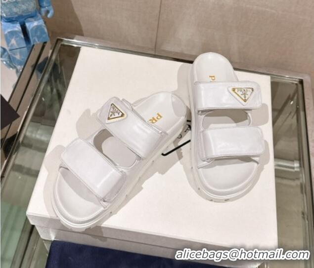 Shop Duplicate Prada Shiny Nappa Leather Strap Flat Slide Sandals White 430042