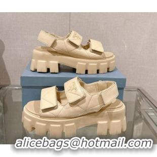 Top Grade Prada Monolith Nappa Leather Platform Strap Sandals 5.5cm Beige 430043 