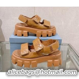 Pretty Style Prada Monolith Nappa Leather Platform Strap Sandals 5.5cm Brown 430044