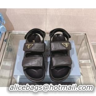 Grade Quality Prada Nappa Leather Strap Flat Sandals Black 430047