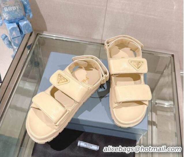 Good Quality Prada Nappa Leather Strap Flat Sandals Beige 430049