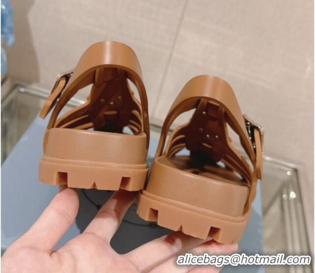 Best Grade Prada Rubber Strap Flat Sandals Brown 430051