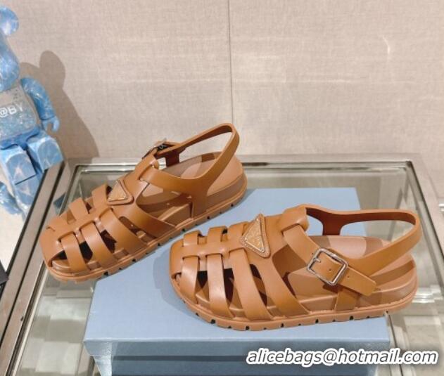 Best Grade Prada Rubber Strap Flat Sandals Brown 430051