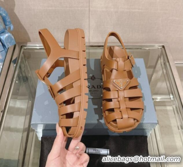 Best Grade Prada Rubber Strap Flat Sandals Brown 430051