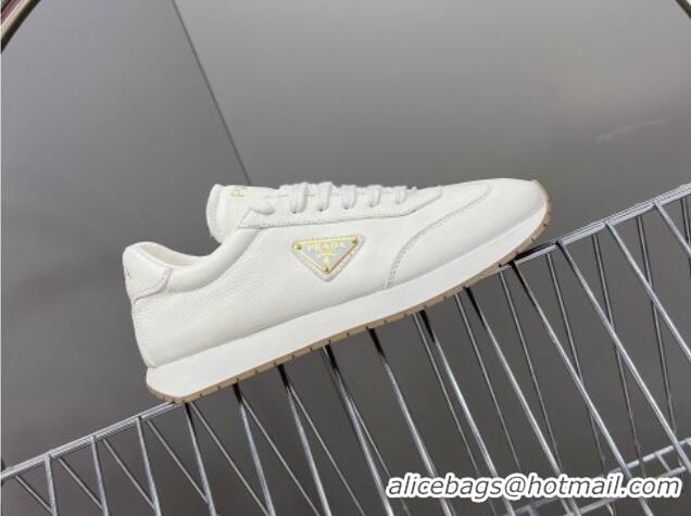 Top Design Prada Men's Rank Grained Leather Sneakers White 430071