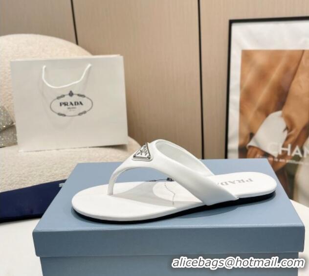 Good Looking Durable Prada Leather Flat Thong Slide Sandals White 430093