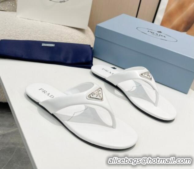 Good Looking Durable Prada Leather Flat Thong Slide Sandals White 430093