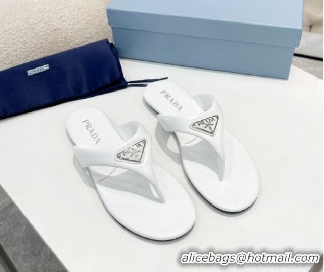 Good Looking Durable Prada Leather Flat Thong Slide Sandals White 430093