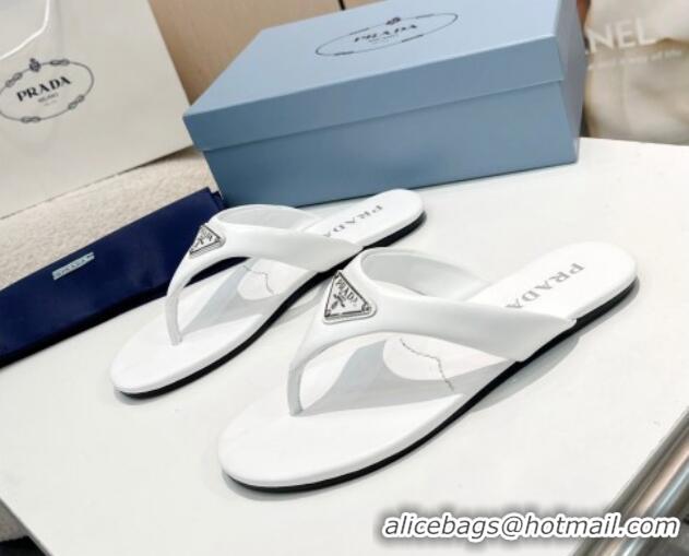 Good Looking Durable Prada Leather Flat Thong Slide Sandals White 430093