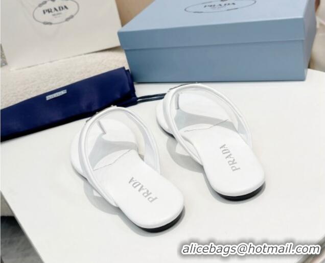 Good Looking Durable Prada Leather Flat Thong Slide Sandals White 430093