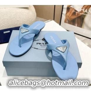 Low Cost Prada Leather Flat Thong Slide Sandals Blue 430095