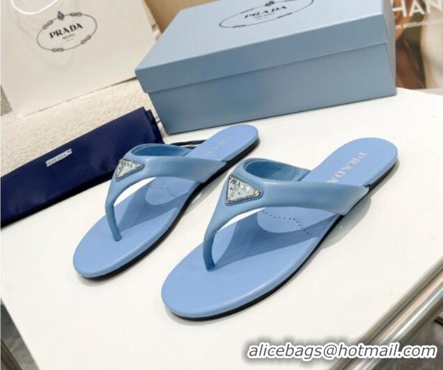 Low Cost Prada Leather Flat Thong Slide Sandals Blue 430095