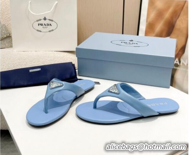 Low Cost Prada Leather Flat Thong Slide Sandals Blue 430095