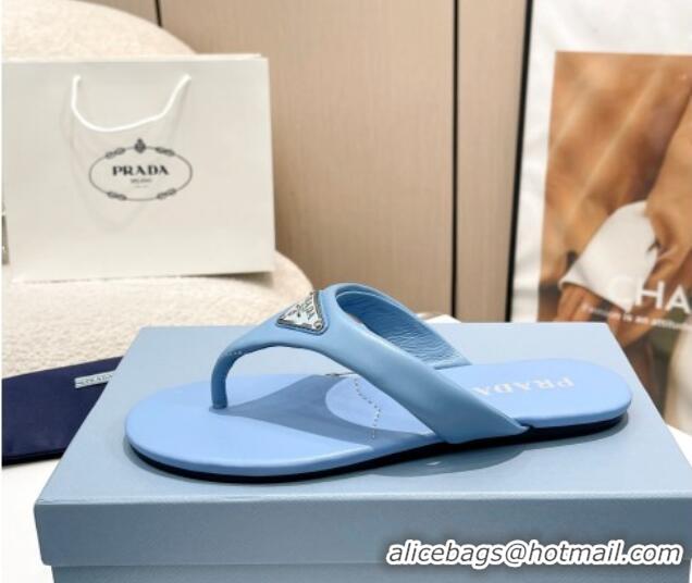 Low Cost Prada Leather Flat Thong Slide Sandals Blue 430095