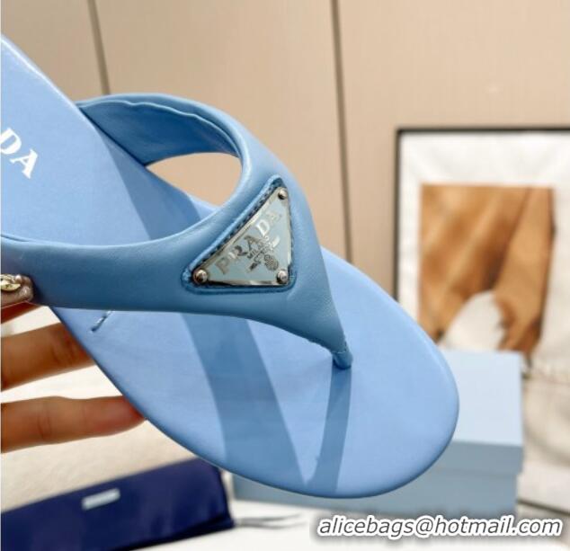 Low Cost Prada Leather Flat Thong Slide Sandals Blue 430095