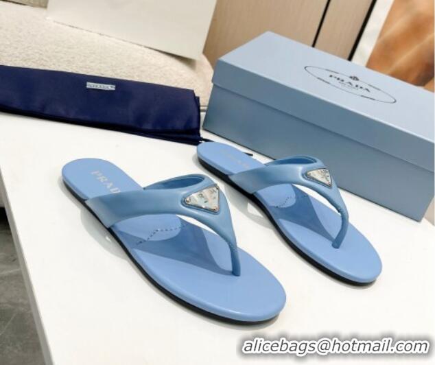 Low Cost Prada Leather Flat Thong Slide Sandals Blue 430095