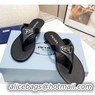 Stylish Prada Leather Flat Thong Slide Sandals Black 430096