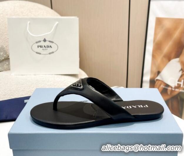 Stylish Prada Leather Flat Thong Slide Sandals Black 430096