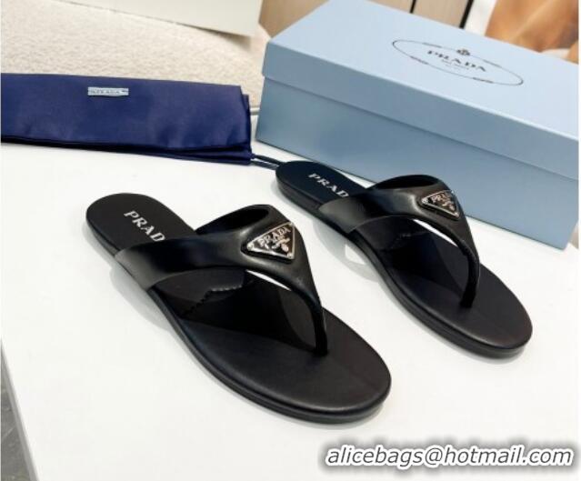 Stylish Prada Leather Flat Thong Slide Sandals Black 430096