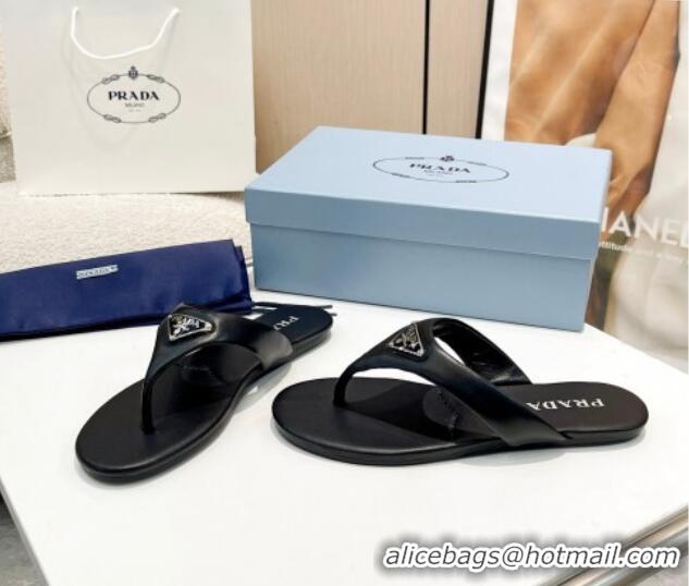 Stylish Prada Leather Flat Thong Slide Sandals Black 430096