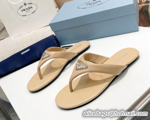 Low Price Prada Leather Flat Thong Slide Sandals Beige 430097