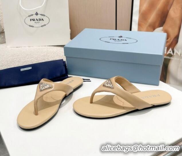 Low Price Prada Leather Flat Thong Slide Sandals Beige 430097