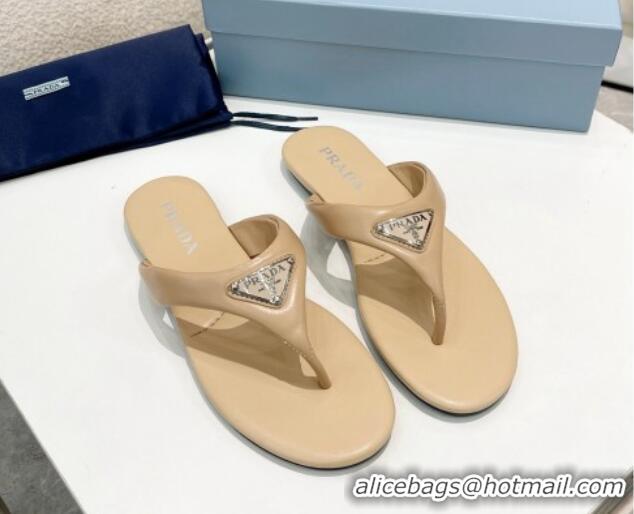 Low Price Prada Leather Flat Thong Slide Sandals Beige 430097