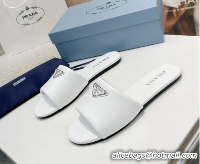 Buy Discount Prada Leather Flat Slide Sandals White 430098