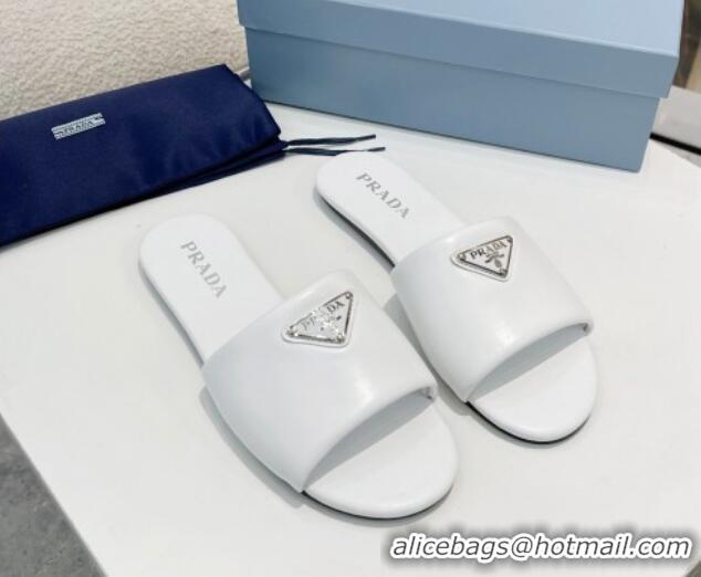 Buy Discount Prada Leather Flat Slide Sandals White 430098