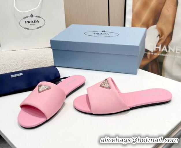 Sumptuous Prada Leather Flat Slide Sandals Pink 430099