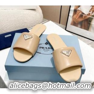 Perfect Prada Leather Flat Slide Sandals Beige 430100