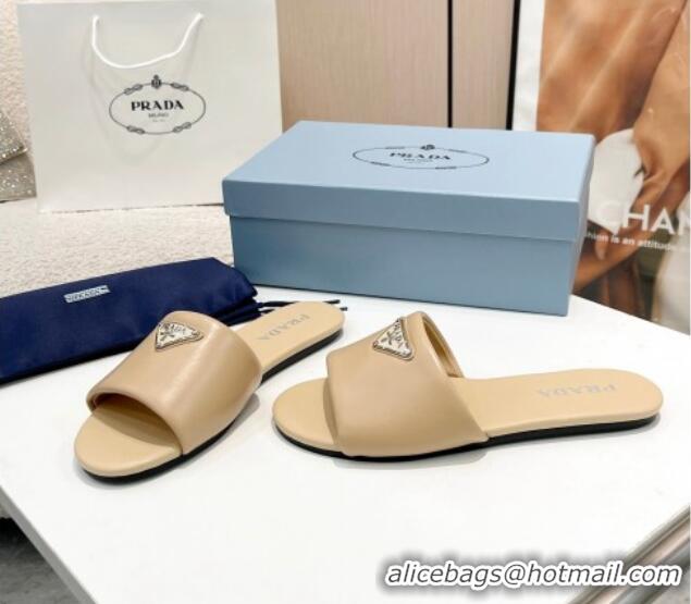 Perfect Prada Leather Flat Slide Sandals Beige 430100