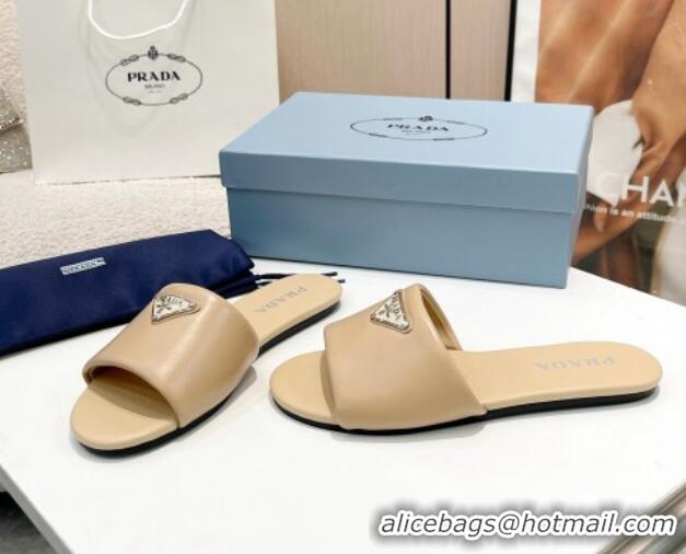 Perfect Prada Leather Flat Slide Sandals Beige 430100