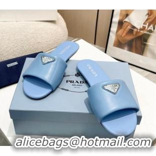 Modern Prada Leather Flat Slide Sandals Blue 430101