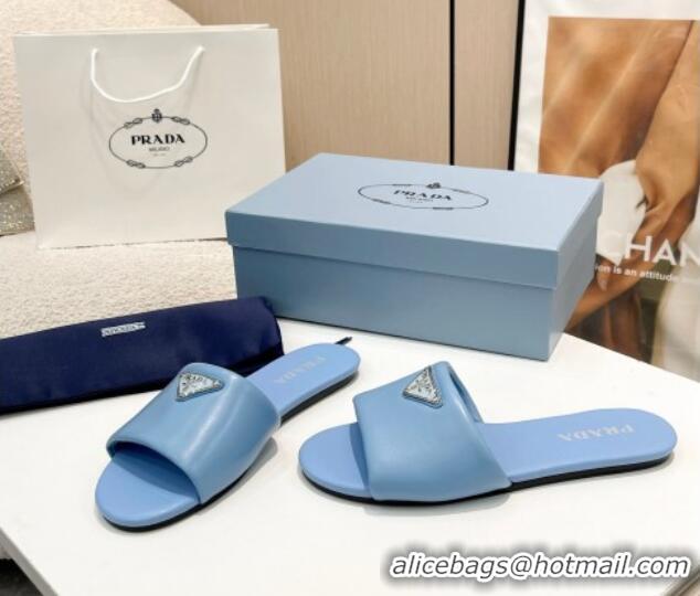 Modern Prada Leather Flat Slide Sandals Blue 430101