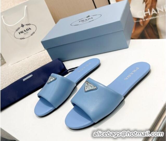 Modern Prada Leather Flat Slide Sandals Blue 430101