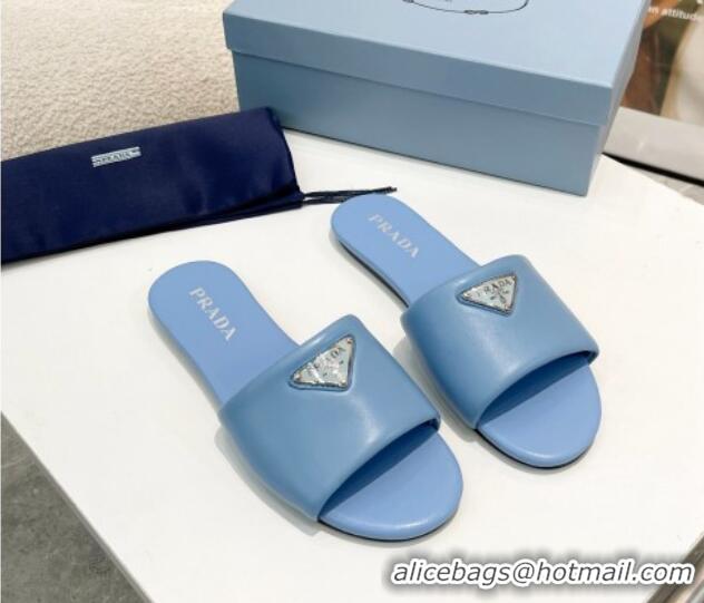 Modern Prada Leather Flat Slide Sandals Blue 430101