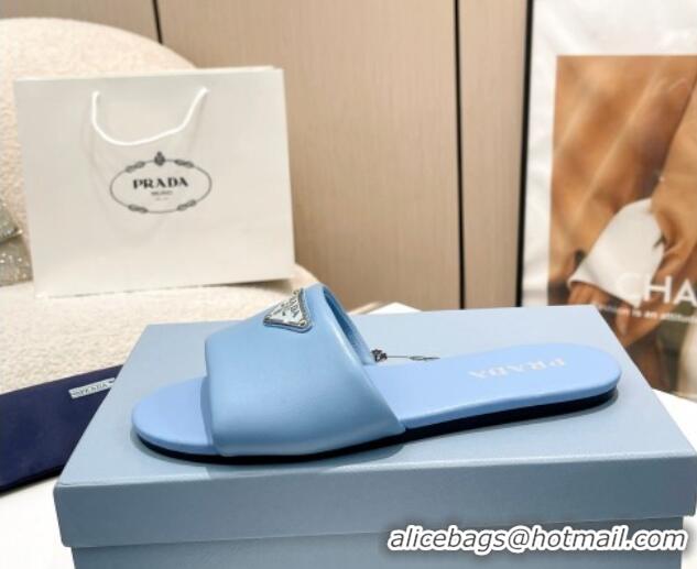 Modern Prada Leather Flat Slide Sandals Blue 430101