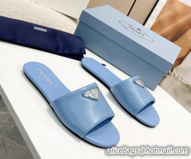 Modern Prada Leather Flat Slide Sandals Blue 430101