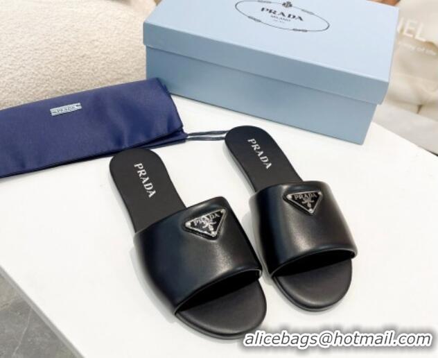 Generous Prada Leather Flat Slide Sandals Black 430102